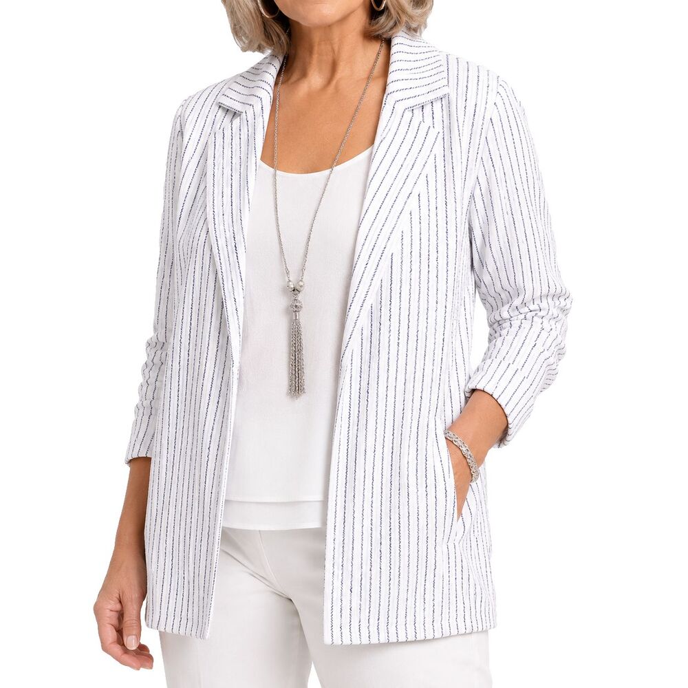 Chicos Womens Blazer 3 XL Blue White Stripe Lyocell Open Front Career Jacket